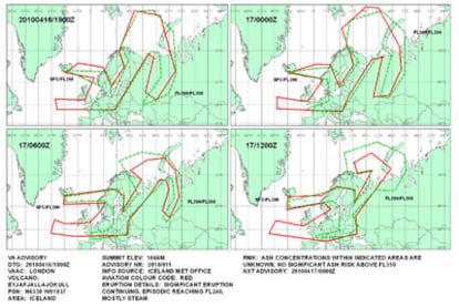 Gráfico del Centro de Aviso de Cenizas Volcánicas de Londres (VAAC, por sus siglas en inglés) sobre la evolución del área afectada por las cenizas volcánicas entre las 18.00 GMT de hoy (dos horas más en la España peninsular) y las 12.00 GMT de mañana. El volcán islandés Eyjafjalla vivó el pasado martes su segunda erupción en un mes.