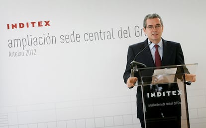 Pablo Isla, presidente de la multinacional Inditex, durante su intervención en el acto de ampliación de obras de la sede central en Arteixo