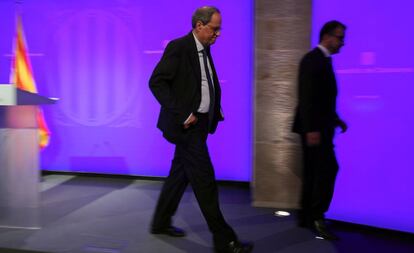 El president Quim Torra, este martes tras una rueda de prensa en el Palau de la Generalitat. 