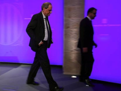 El president Quim Torra, este martes tras una rueda de prensa en el Palau de la Generalitat. 