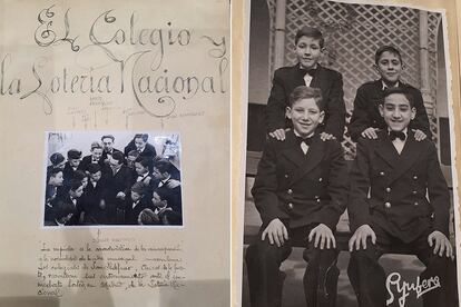 Dos de los documentos atesorados por los exalumnos del colegio: una fotografía de un ensayo del sorteo y una imagen de cuatro alumnos de principios del siglo XX.