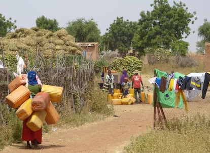 Una mujer carga garrafas de agua cerca de la reserva natural Kouré, en Níger.