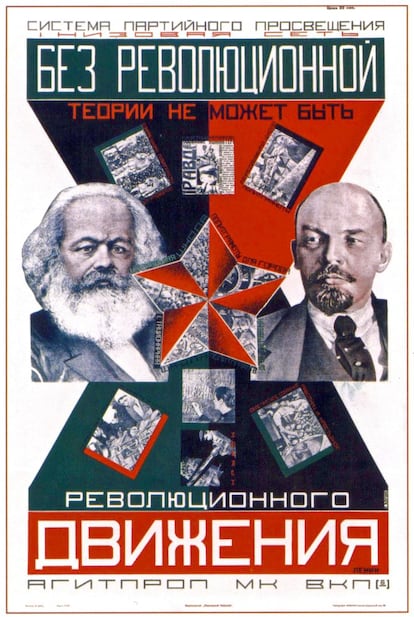 Póster comunista ruso de propaganda agitadora de la década de los veinte protagonizado por Marx y Lenin. 'Sin una teoría revolucionaria, no puede haber un movimiento revolucionario?