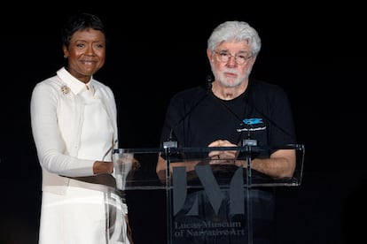 George Lucas y Mellody Hobson, en la presentación del Lucas Museum of Narrative Art.