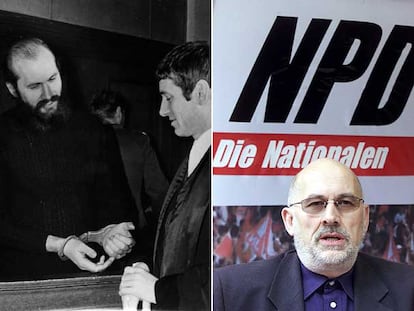 Horst Mahler, en 1972, esposado durante el juicio en el que se le acusaba de terrorista, con su defensor, Otto Schily. A la derecha, en un acto en defensa del partido neonazi NPD celebrado en 2000.