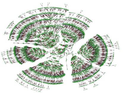 Visualización informática de uno de los árboles genealógicos de 6.000 personas, que abarca siete generaciones. Los puntos verdes son individuos y los rojos, matrimonios.