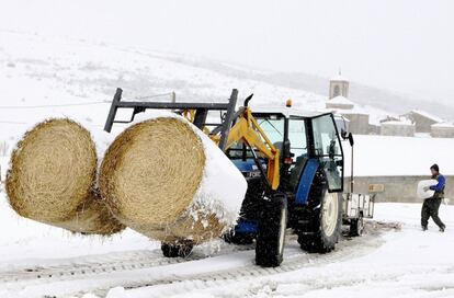 En general, se prevén cielos nubosos o cubiertos en buena parte de la vertiente atlántica peninsular, con precipitaciones en Galicia y Cantábrico, Alto Ebro, Pirineos, Castilla y León, Madrid, Castilla-La Mancha, norte de Extremadura y suroeste de Andalucía. En la imagen, un ganadero prepara el alimento para el ganado vacuno hoy en la zona del Puerto de Piqueras (Soria).