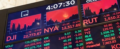 Un panel con la evoluci&oacute;n de &iacute;ndices burs&aacute;tiles, en la Bolsa de Wall Street (Nueva York).