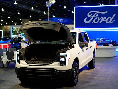 The Ford F-150 Lightning displayed at the Philadelphia Auto Show on Jan. 27, 2023, in Philadelphia.