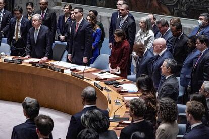 United Nations Security Council members stand for a moment of silence at the urging of Ukraine Foreign Minister Dmytro Kuleba on Friday, February 24, 2023.