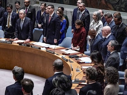 United Nations Security Council members stand for a moment of silence at the urging of Ukraine Foreign Minister Dmytro Kuleba on Friday, February 24, 2023.