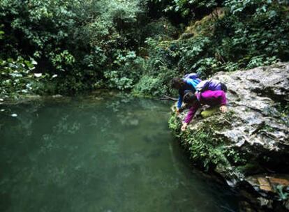 Excursionistas en una poza de la Ribera del Huéznar, Parque Natural Sierra Norte de Sevilla