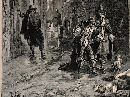 Dos hombres descubren el cadáver de una mujer en la calle durante la Gran Peste de Londres. Grabado en madera de J. Jellicoe según H. Railton.
