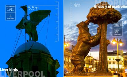 Liverpool y Madrid tienen como símbolos a dos animales, representados en los lugares más emblemáticos de las distintas ciudades. En el caso de la ciudad inglesa se trata de un cormorán, conocido como <em>liver bird</em>. Tiene dos estatuas enormes que coronan el Royal Liver Building, una de las denominadas Tres Gracias de Liverpool junto con los edificios Cunard y del Puerto de Liverpool. Los <em>liver birds</em>, teóricamente un macho y una hembra (según la leyenda, <em>Bella</em>, la hembra, mira hacia el mar para proteger a los barcos que llegan al muelle mientras que <em>Bertie</em>, el macho, mira hacia la ciudad para vigilar a las familias de los marineros), se encuentran a más de 90 metros de altura y están apunto de echar a volar. Obra del escultor alemán Carl Bernard Bartels, llevan en la ciudad desde 1911, cuando concluyeron los trabajos del Royal Liver Building. <br> </br> La estatua del Oso y el Madroño es obra de Antonio Navarro Santafé y fue colocada en la Puerta del Sol en 1967. Representa de forma realista las armas heráldicas de Madrid, con el animal levantado sobre el árbol en busca de sus frutos. El escultor se inspiró en un oso pardo macho de la Casa de Fieras del Retiro. La escultura es de bronce, mientras que las de los pájaros de Liverpool están hechas de cobre. El símbolo madrileño pesa unas 20 toneladas, por 4 de cada una de las aves inglesas, y mide cuatro metros, algo menos que los pájaros, de 5,5 metros.