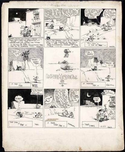 Una entrega de 'Krazy Kat', el triángulo amoroso entre un ratón, un gato y un perro que George Herriman dibujó entre 1913 y 1944.