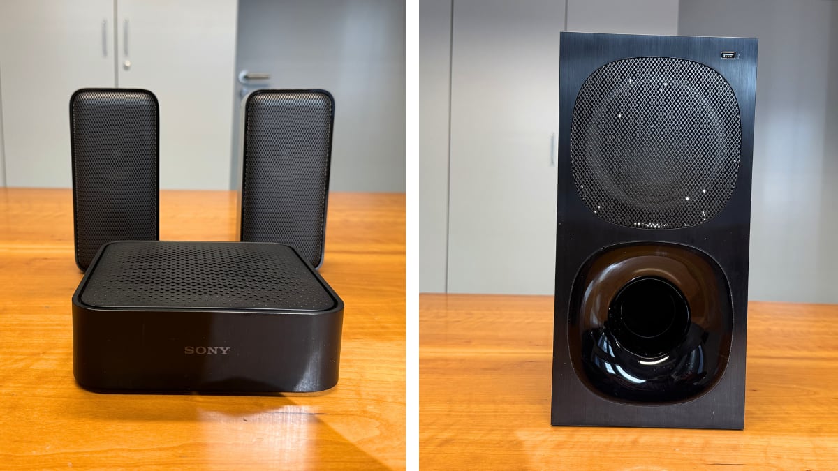A la izq. altavoces traseros y amplificador. A la dch. subwoofer Sony HT-S40R.