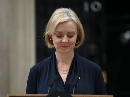 Britain's Prime Minister Liz Truss delivers a speech outside of 10 Downing Street in central London on October 20.