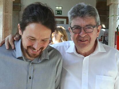 Iglesias y Mélenchon, a su llegada a los cursos de verano de El Escorial.