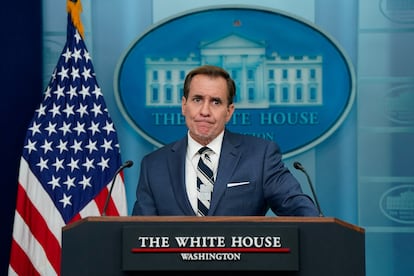 White House National Security Communications Advisor John Kirby takes a question during a press briefing at the White House in Washington, U.S., July 25, 2024. REUTERS/Elizabeth Frantz