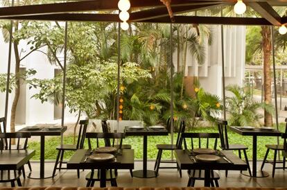 Muebles de diseño y paredes de cristal con vistas al jardín.