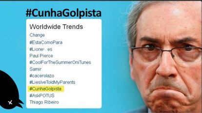 Montagem com a foto de Cunha e os Trend Topics do Twitter de quarta.