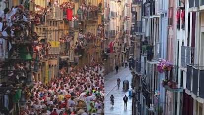 Vista de la curva de Mercaderes en San Fermín en 2013 (a la izquierda) y en 2020 (a la iderecha).