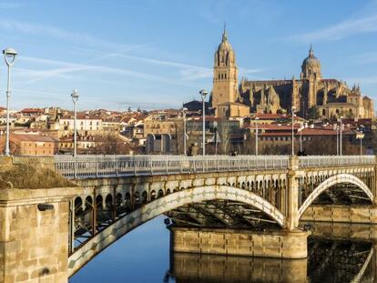 Vista de Salamanca con la Catedral y el puente sobre el río Tormes.