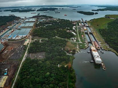 Aerial photo of old and new locks in the Panama Canal.