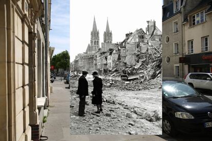 Uma imagem da localidade de Caen, bombardeada pelos aliados durante o Dia D e quase totalmente destruída. A igreja, em segundo plano, foi um dos poucos edifícios que resistiu inteiro.