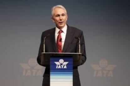 El director general y consejero delegado de la Asociación Internacional del Transporte Aéreo (IATA), Tony Tyler, interviene hoy durante la 69 asamblea anual de la IATA celebrada en Ciudad del Cabo, Sudáfrica.