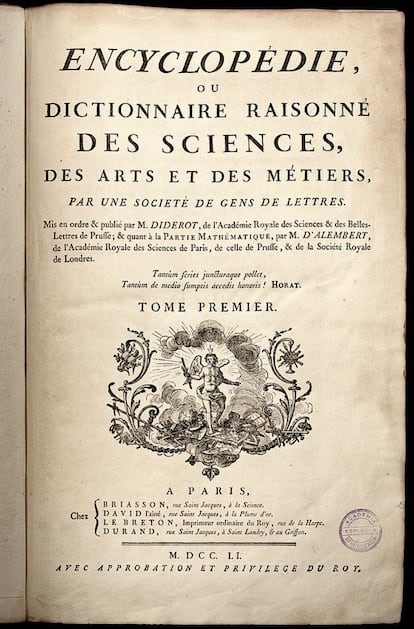 Frontispicio en el tomo primero de la 'Encyclopédie' conservada en la Real Academia Española. Fue dibujado por Charles-Nicolas Cochin en torno a un tema tan cargado de simbolismo como la verdad.