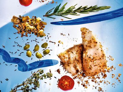 Gallo al horno con hinojo, comino y habas a la naranja