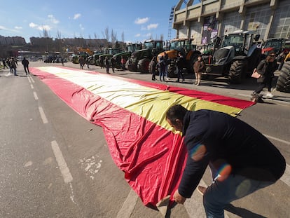 Decenas de agricultores y ganaderos protestan en Valladolid, este viernes.