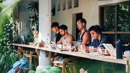 Escena de trabajo en el Dojo Bali en Canggu.