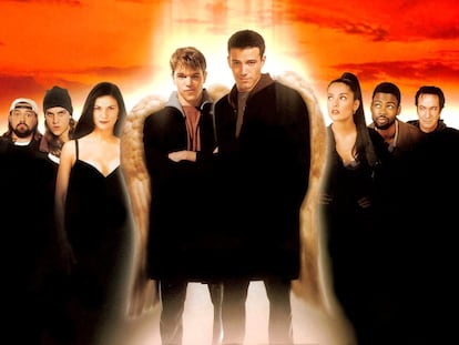 The promotional poster for ‘Dogma,’ featuring Kevin Smith, Jason Mewes, Linda Fiorentino, Matt Damon, Ben Affleck, Salma Hayek, Chris Rock and Alan Rickman.