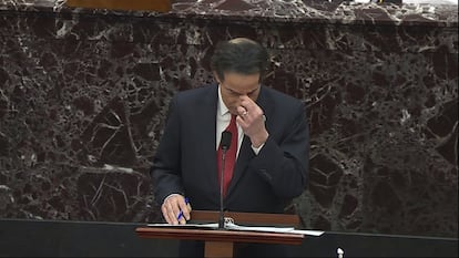 Congressman Jamie Raskin in tears after giving a speech during the first House session to impeach Donald Trump.