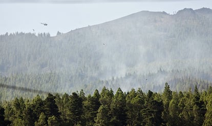 Un helicóptero de la Guardia Civil sobrevuela la zona donde esta madrugada se produjo un  incendio en el municipio de Los Realejos (Tenerife)