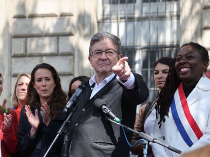 El líder de Francia Insumisa, Jean-Luc Mélenchon, este domingo en la manifestación del 1 de mayo en París