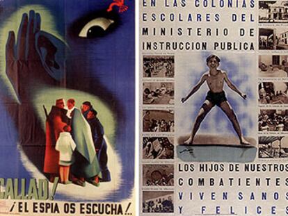 Algunos de los carteles de la Fundación Pablo Iglesias que se exponen hasta el 21 de febrero en el Círculo de Bellas Artes de Madrid. De izquierda a derecha: <i>¡Callad,</i> <i>el espía os escucha!,</i> de J. Briones (1938); <i>En las colonias escolares,</i> de Mauricio Amster (1938);
