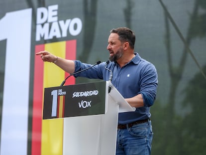 El líder de Vox, Santiago Abascal, en el acto del sindicato ultra Solidaridad con motivo del 1º de mayo.