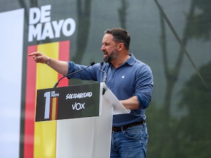 El líder de Vox, Santiago Abascal, en el acto del sindidato ultra Solidaridad con motivo del 1º de Mayo.