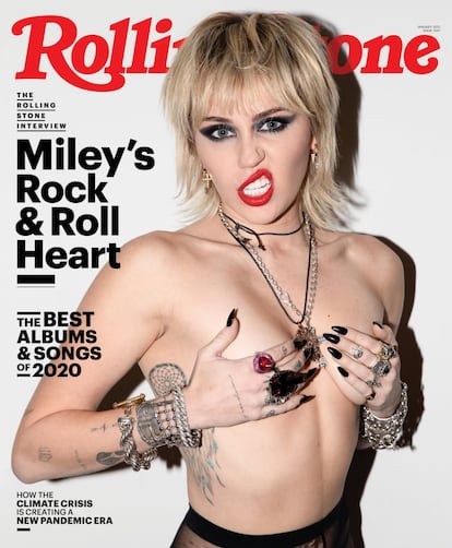 Portada de la revista 'Rolling Stone' de diciembre de 2020, cuando ya había editado su último disco, 'Plastic Hearts'. El titular de portada es: "Miley, corazón de rock and roll".