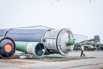 Fuselage of a Soviet Satan 2 intercontinental ballistic missile at the Pervomaisk base.
