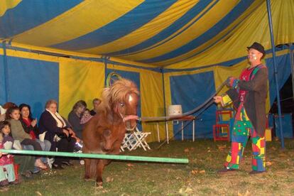 Un pallasso fa donar voltes a un poni en un espectacle de circ. 