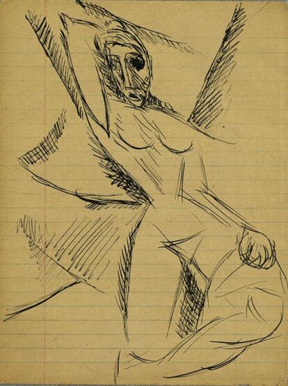 Pablo Picasso, <i>Study for Girl with Raised Arms: Nudes with Raised Arms</i>, Full-frontal Cahier 7, May-June 1907 pen and ink on paper, 220 x 170 mm Malaga, Collection of the Pablo Ruiz Picasso Foundation - Birthplace Museum, FPCN: 2037, c. 11r