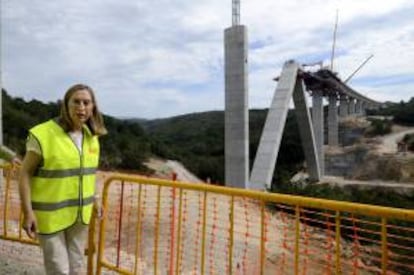 La ministra de Fomento, Ana Pastor durante la visita a las obras de construcción de la Línea de Alta Velocidad (LAV) Madrid-Galicia a su paso por la provincia de Ourense.