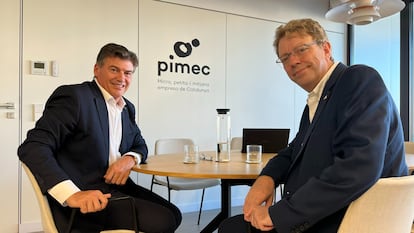 Antoni Cañete, presidente de Pimec y de la Plataforma Multisectorial contra la Morosidad, y Ferrán Bel, nuevo representante permanente de Pimec en Madrid.