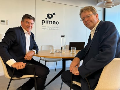 Antoni Cañete, presidente de Pimec y de la Plataforma Multisectorial contra la Morosidad, y Ferrán Bel, nuevo representante permanente de Pimec en Madrid.