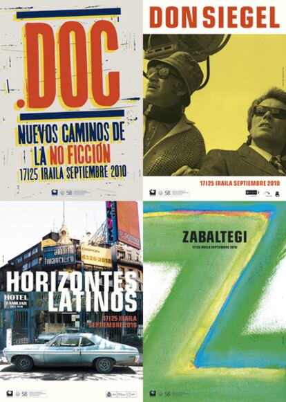 De izquierda a derecha y de arriba abajo los carteles de las secciones Documental, Don Siegel, Horizontes Latinos y Zabaltegi