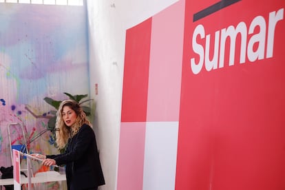 La secretaria de Organización de Movimiento Sumar, Lara Hernández, candidata a la coordinación general, en rueda de prensa el pasado lunes.